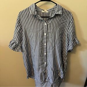 Blue and white stripe button down with ruffle sleeve